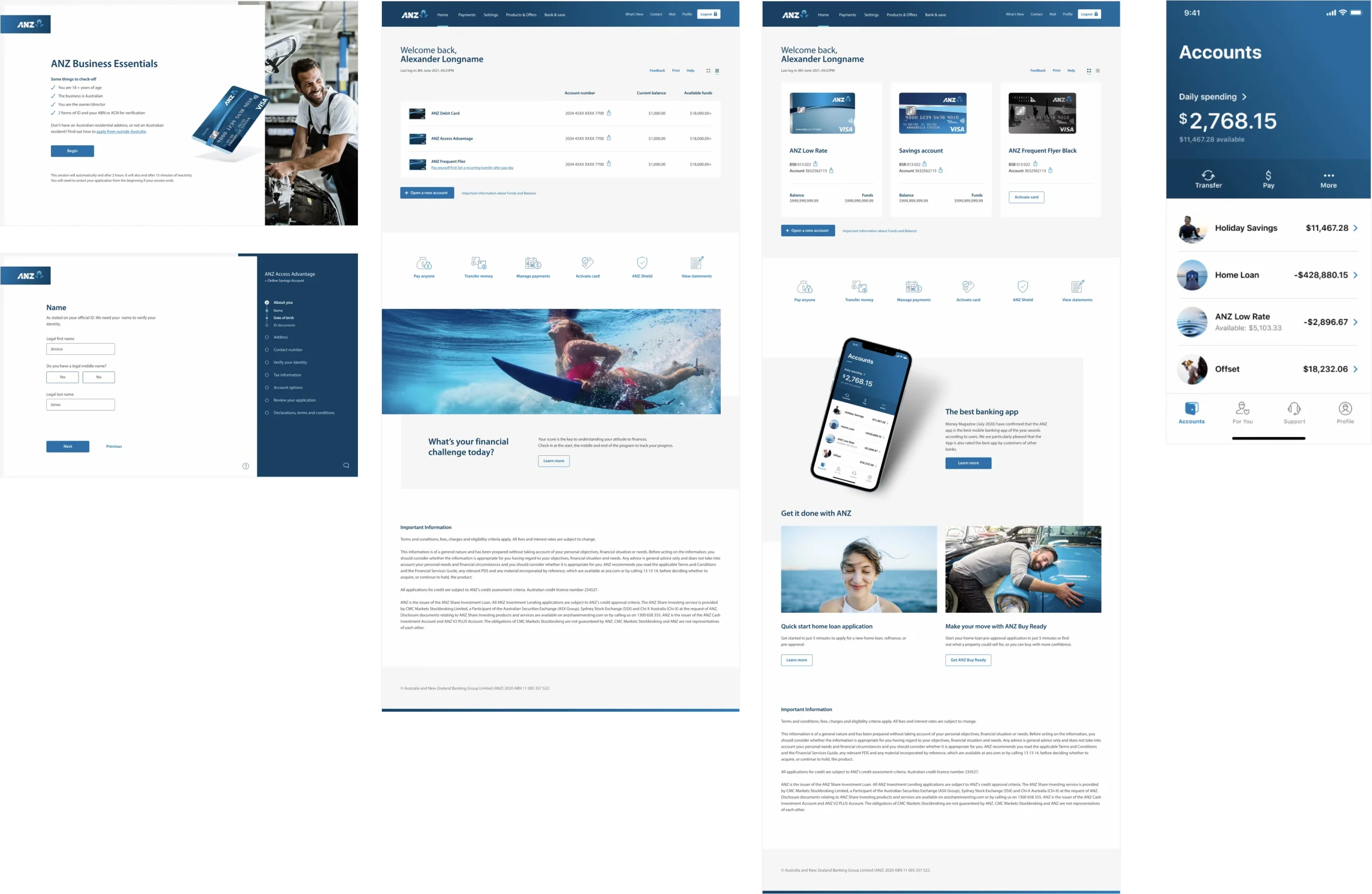 ANZ creative direction concepts spanning business account applications, internet banking, and the mobile banking app