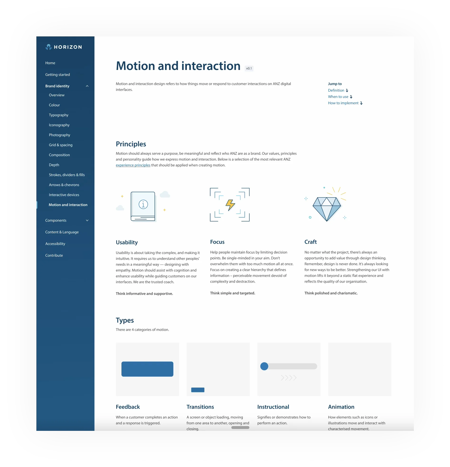 Horizon documentation covering motion and interaction principles, alongside brand, component, content, and accessibility guidance
