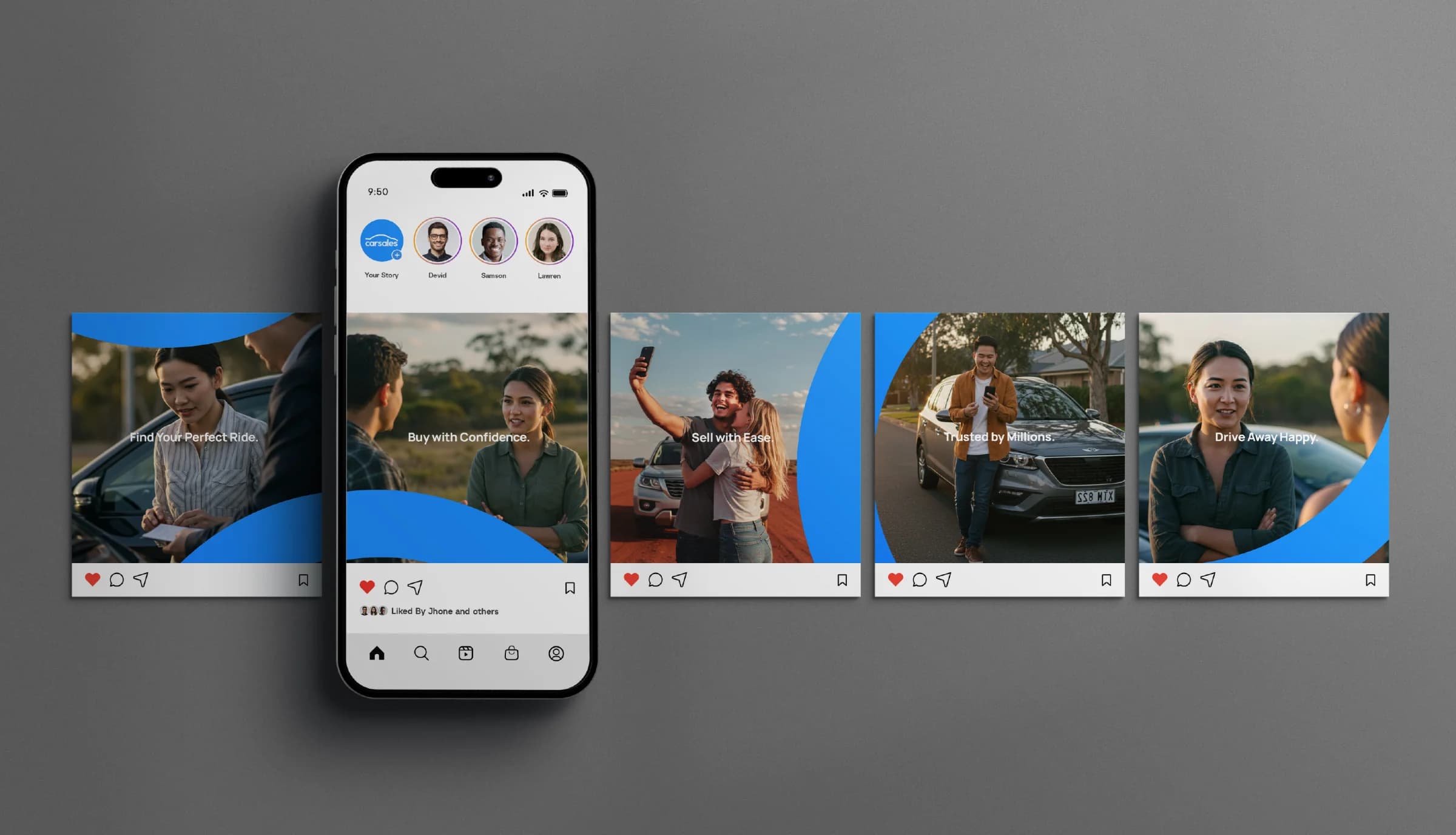 carsales social campaign examples sharing photography, blue arcs, and brand styling