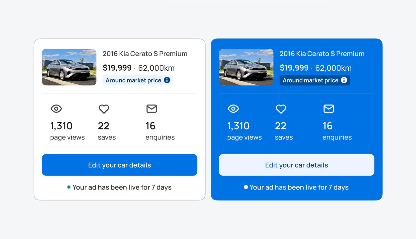 Torq vehicle listing cards with consistent layout and different surface treatments
