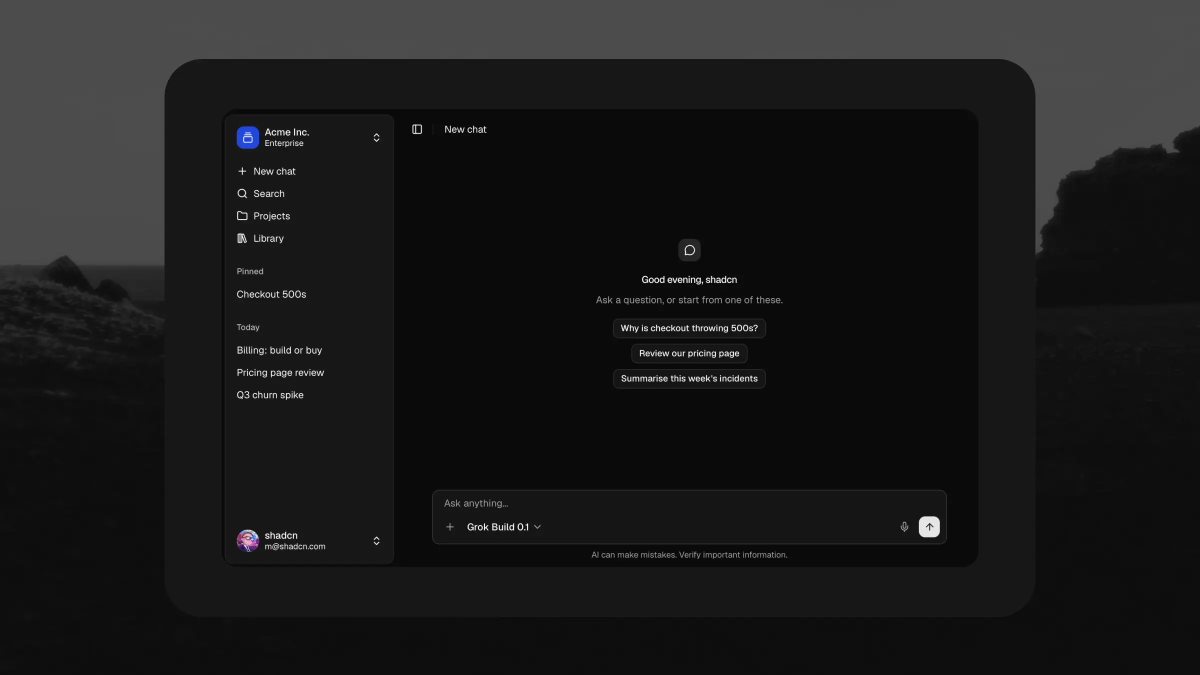 shadcncraft AI Chat app with conversation history, projects, and a message composer