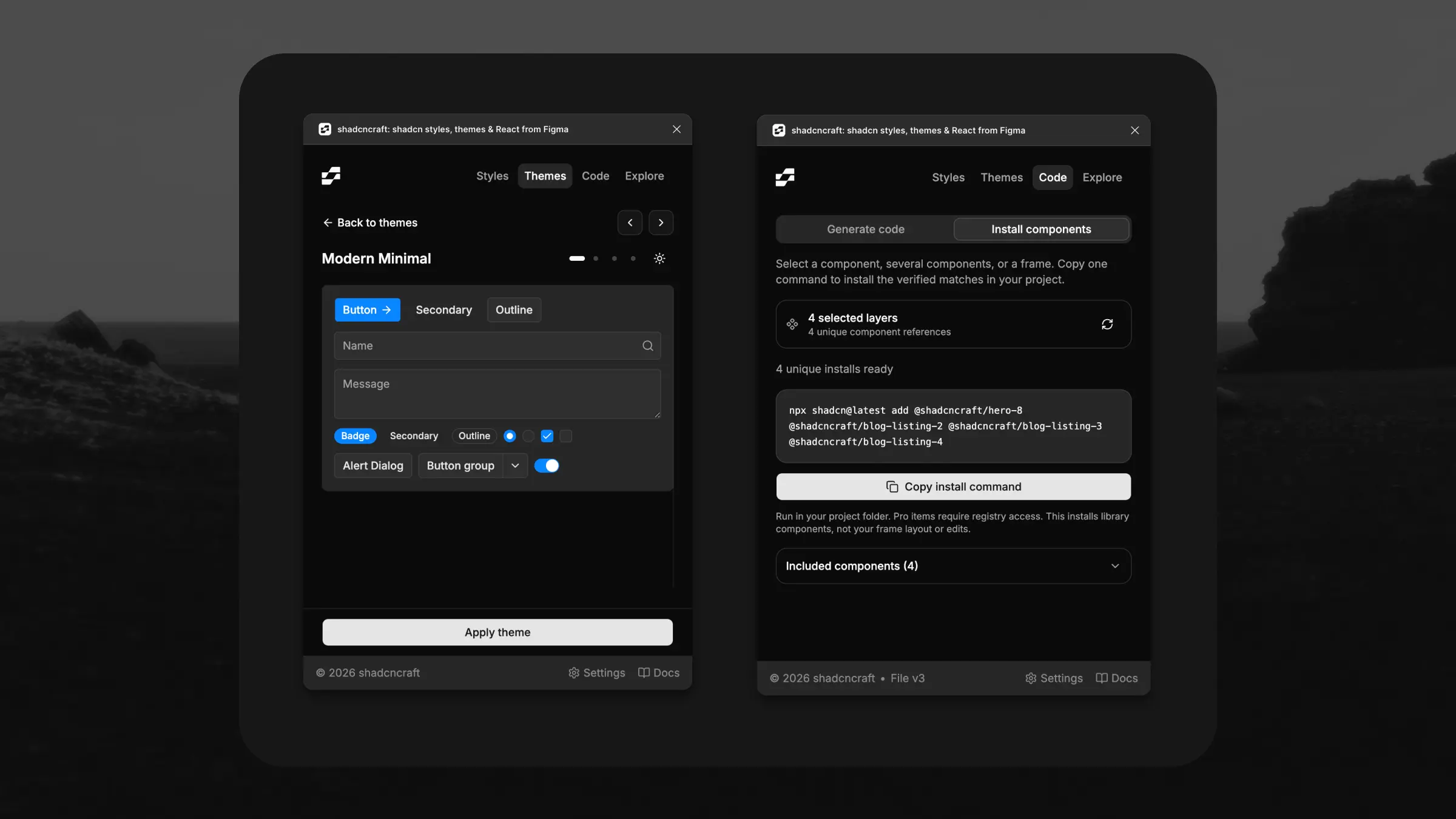 shadcncraft Figma plugin showing theme previews and bulk component install commands