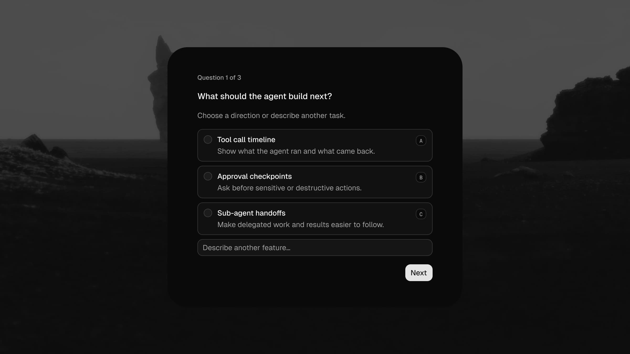 shadcn Questionnaire with selectable answers, a freeform field, and a Next button