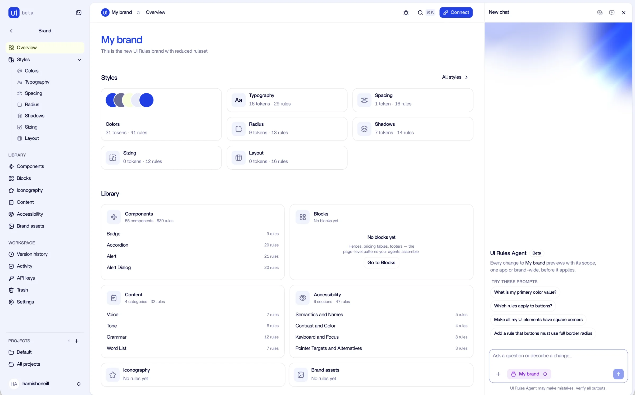 UI Rules brand overview showing design styles, component guidelines, content and accessibility rules, and the Agent panel